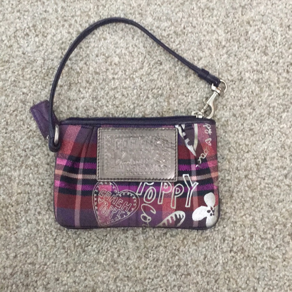 Purple and pink plaid Coach Poppy wristlet